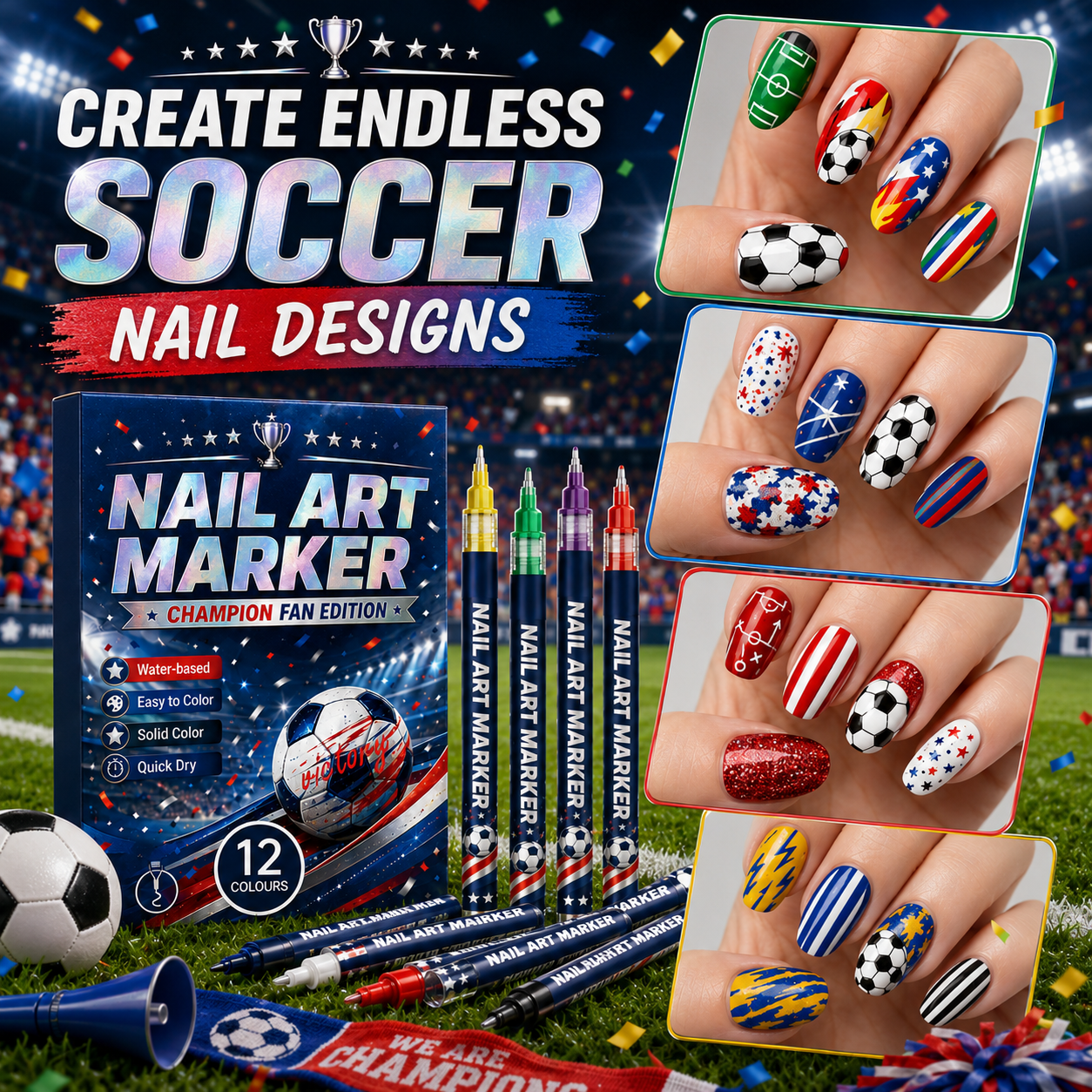 🔥 Cheer Loud • Shine Bright ⚽ 12-Color Football Nail Art Pens 🎨 Fast-Dry DIY Match Day Nails 🏆 Fan Party Essential