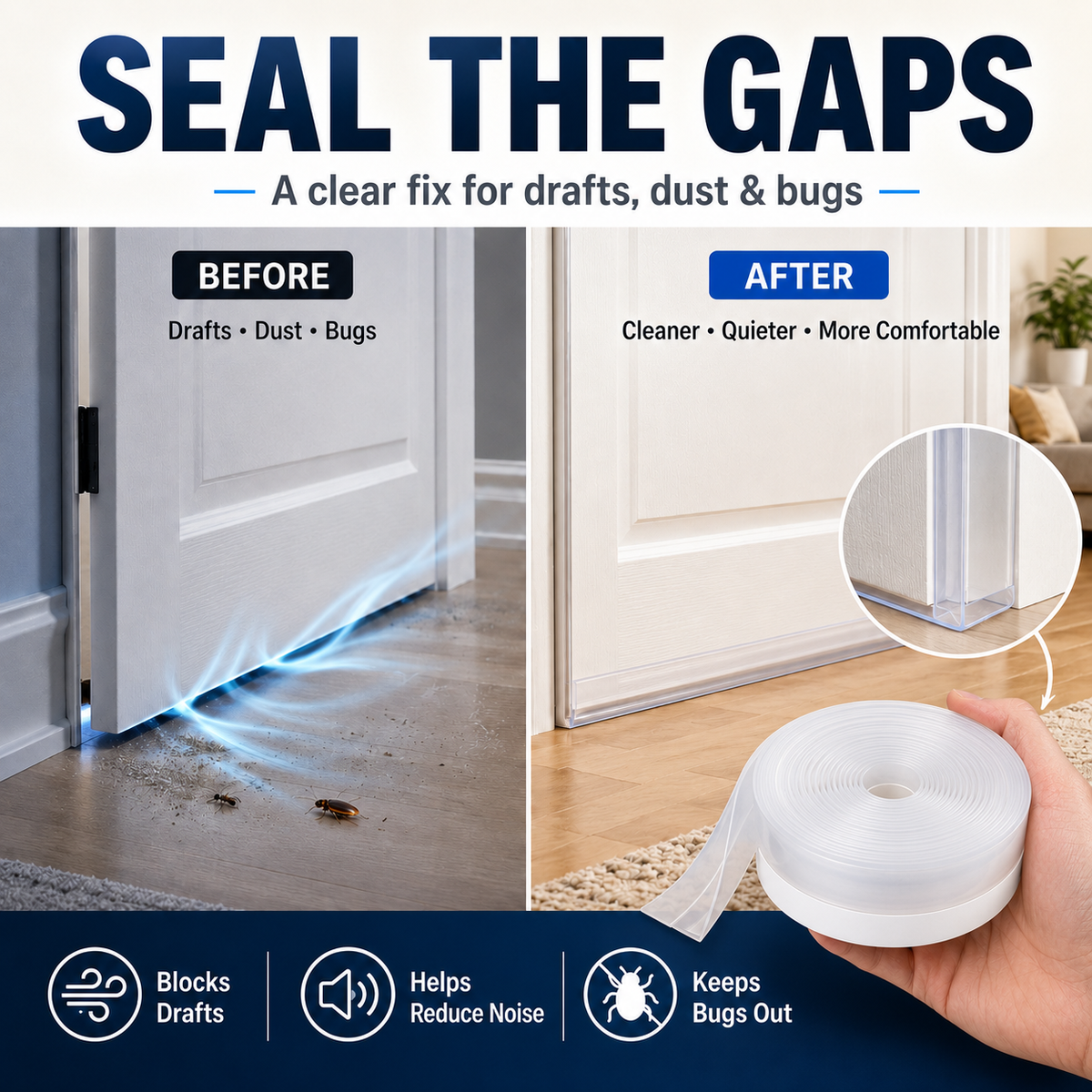 🏠 The Invisible Home Seal Strip — Seal Drafty Gaps, Block Bugs & Keep Your Home More Comfortable